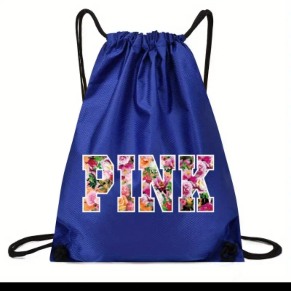 "PINK" Drawstring Backpack, Blue, New - Picture 2 of 8
